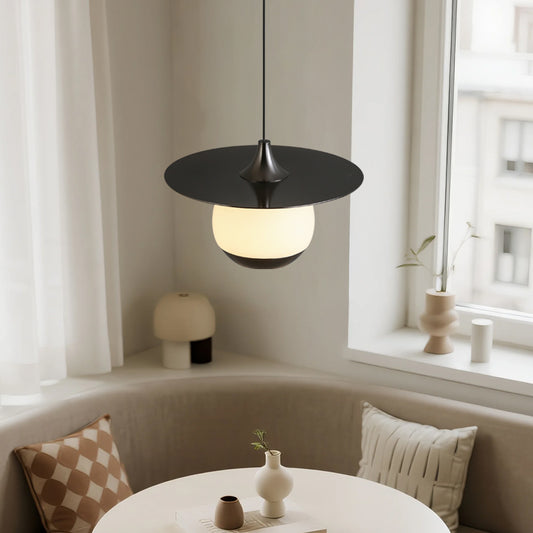 Modern delicate round pendant light featuring a natural marble finish and a lens light source at the bottom-1012