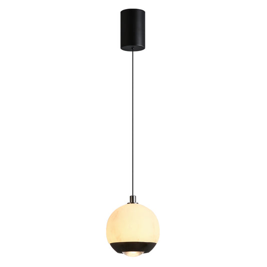 Modern delicate round pendant light featuring a natural marble finish and a lens light source at the bottom-1010