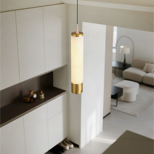 Modern delicate cylindrical pendant light featuring a natural marble finish and a lens light source at the bottom-（1001-1003）