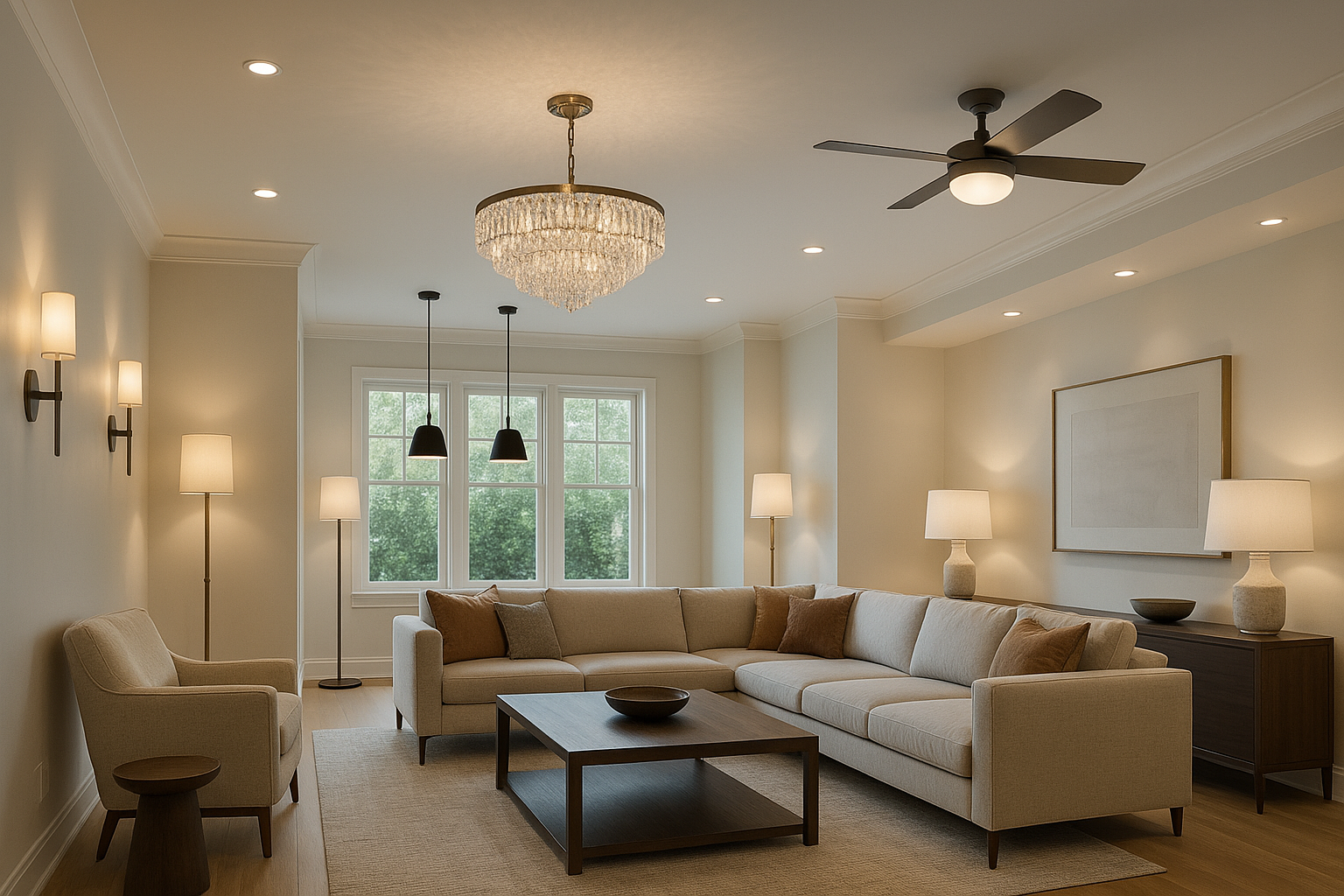 A large modern style living room includes these lighting elements, chandeliers, wall lamps, ceiling lamps, fan lamps, Pendant lights, table lamps and floor lamps.