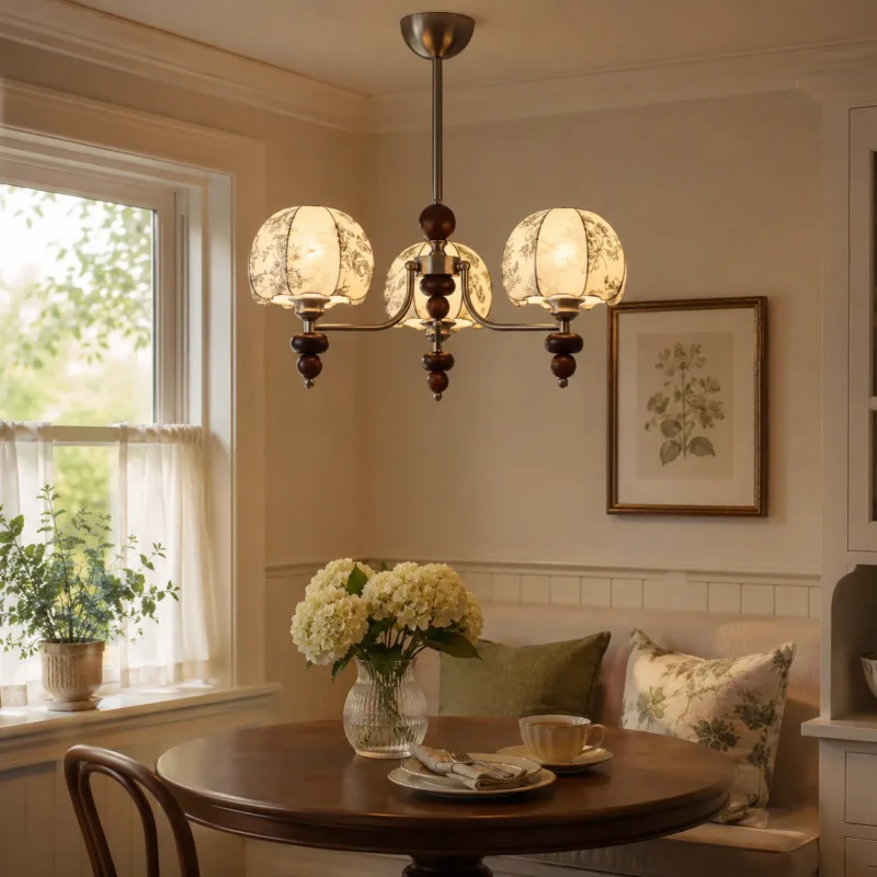 Velvet Petal Vintage Fabric Shade Chandelier with Wood Accents - Image 4