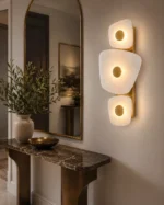 Modern Alabaster Wall Light | Brass & Stone Triple LED Wall Sconce Luxury Lighting - Image 2