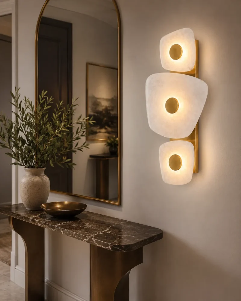 Modern Alabaster Wall Light | Brass & Stone Triple LED Wall Sconce Luxury Lighting - Image 2