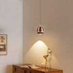 Modern creative flower bud pendant light featuring a walnut wood grain finish and a lens light source at the bottom-963 - Image 3