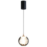 Modern round pendant light with edged design, featuring a lens light source at the bottom-957