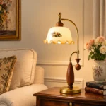 Vintage Floral Brass Table Lamp | Antique European Warm Bedside Lamp - Image 3