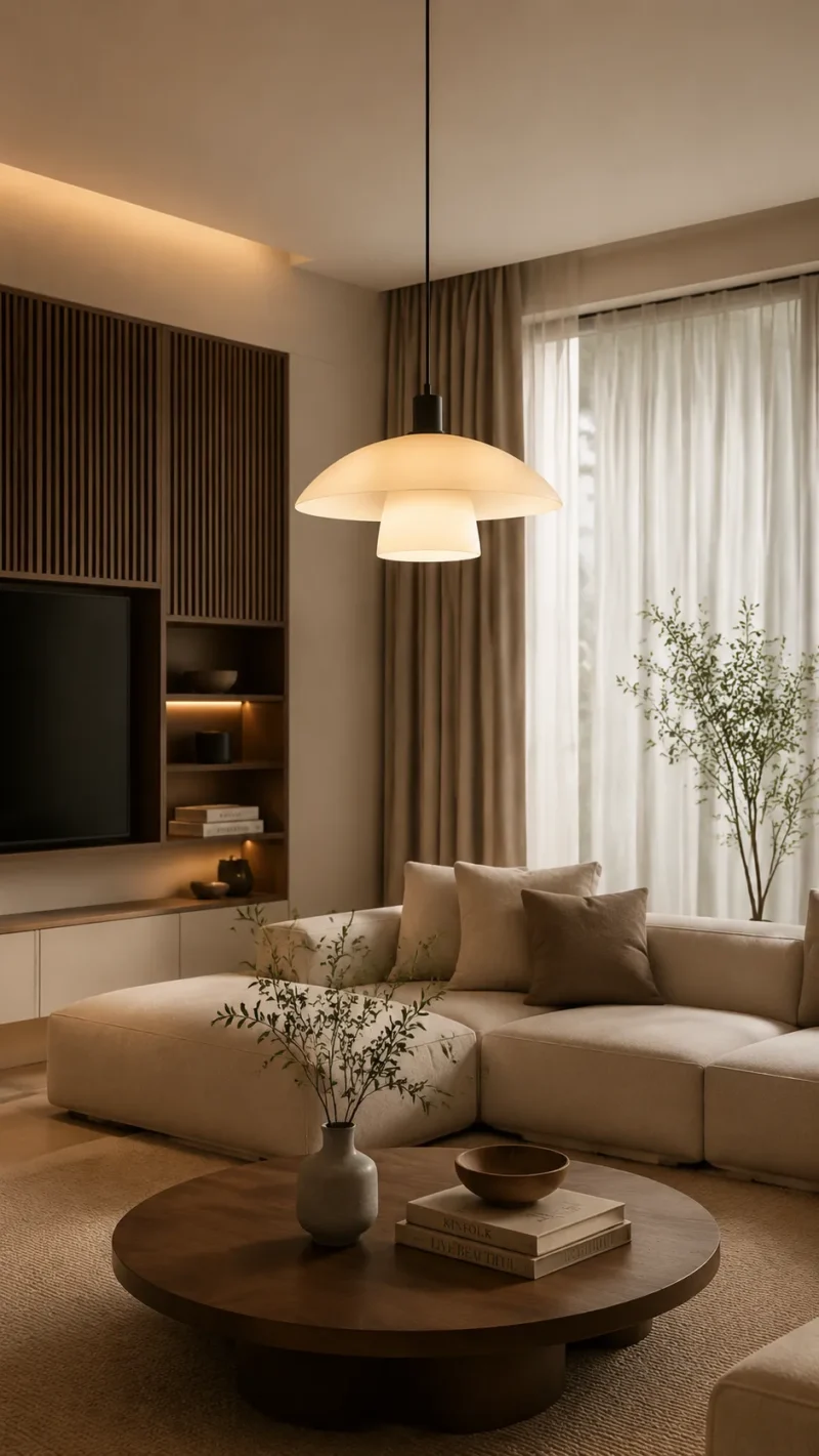 Full Spectrum Minimal Glow Pendant Light – Modern Beige LED Ceiling Pendant - Image 4