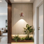 Modern creative flower bud pendant light featuring a walnut wood grain finish and a lens light source at the bottom-963 - Image 4