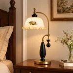 Vintage Floral Brass Table Lamp | Antique European Warm Bedside Lamp - Image 2