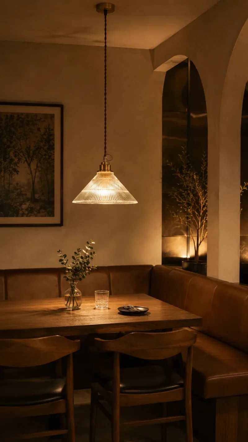 Vintage Ribbed Glass Pendant Light | Brass Industrial LED Pendant Lighting Fixture - Image 2