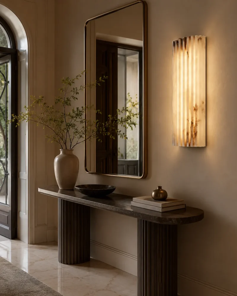 Modern Alabaster Wall Light | Fluted Stone LED Wall Sconce Bedroom & Hotel Lighting - Image 3