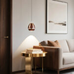 Modern creative flower bud pendant light featuring a walnut wood grain finish and a lens light source at the bottom-963 - Image 5