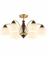 Brass Walnut Wood Ceiling Light | Vintage 6/8 Head Semi Flush Mount Chandelier - Image 6