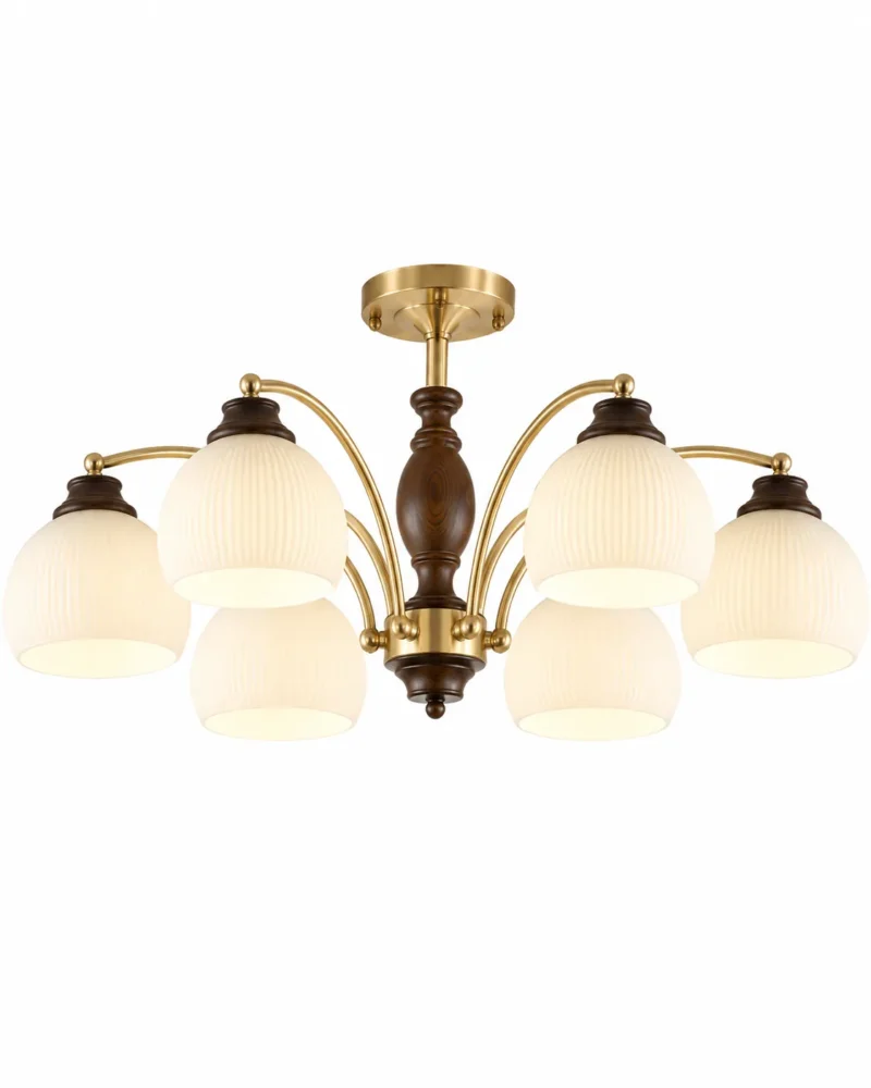 Brass Walnut Wood Ceiling Light | Vintage 6/8 Head Semi Flush Mount Chandelier - Image 6