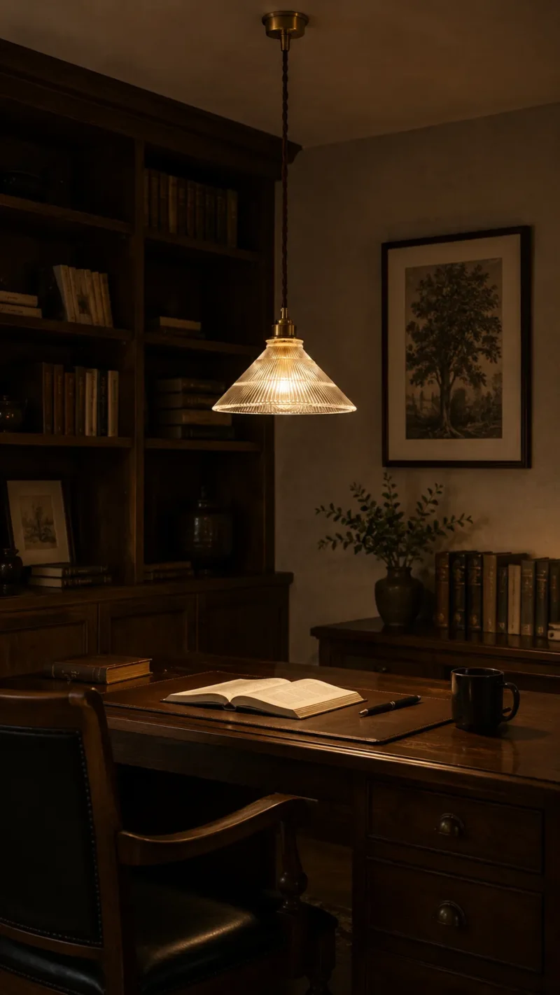 Vintage Ribbed Glass Pendant Light | Brass Industrial LED Pendant Lighting Fixture - Image 4