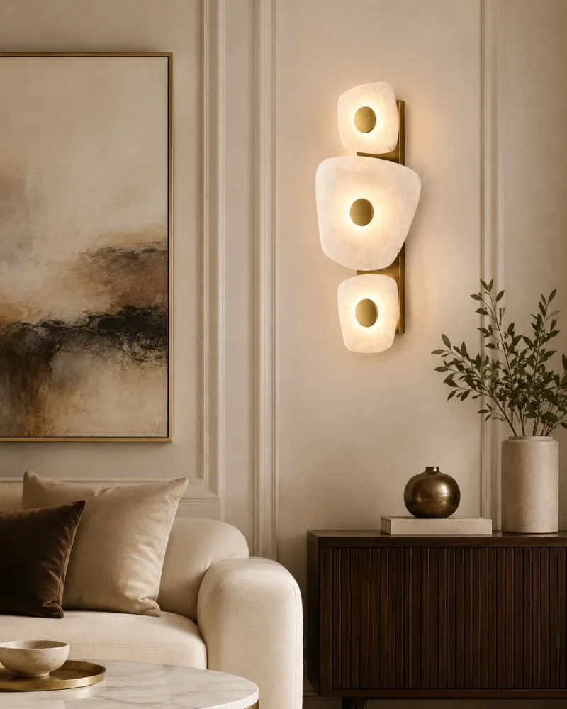 Modern Alabaster Wall Light | Brass & Stone Triple LED Wall Sconce Luxury Lighting - Image 5