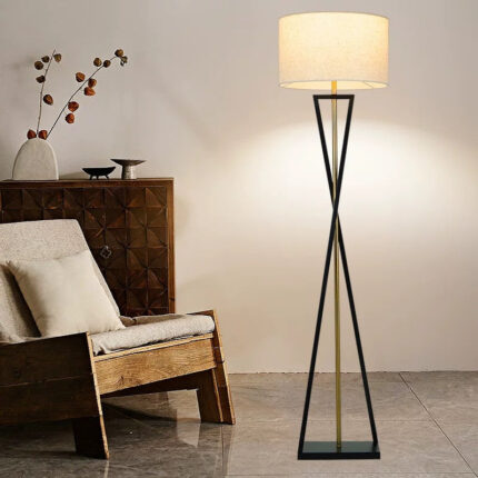 Minimalist Floor Lamp with E27 Socket - Black Metal Base & Linen Shade, Bulb Not Included