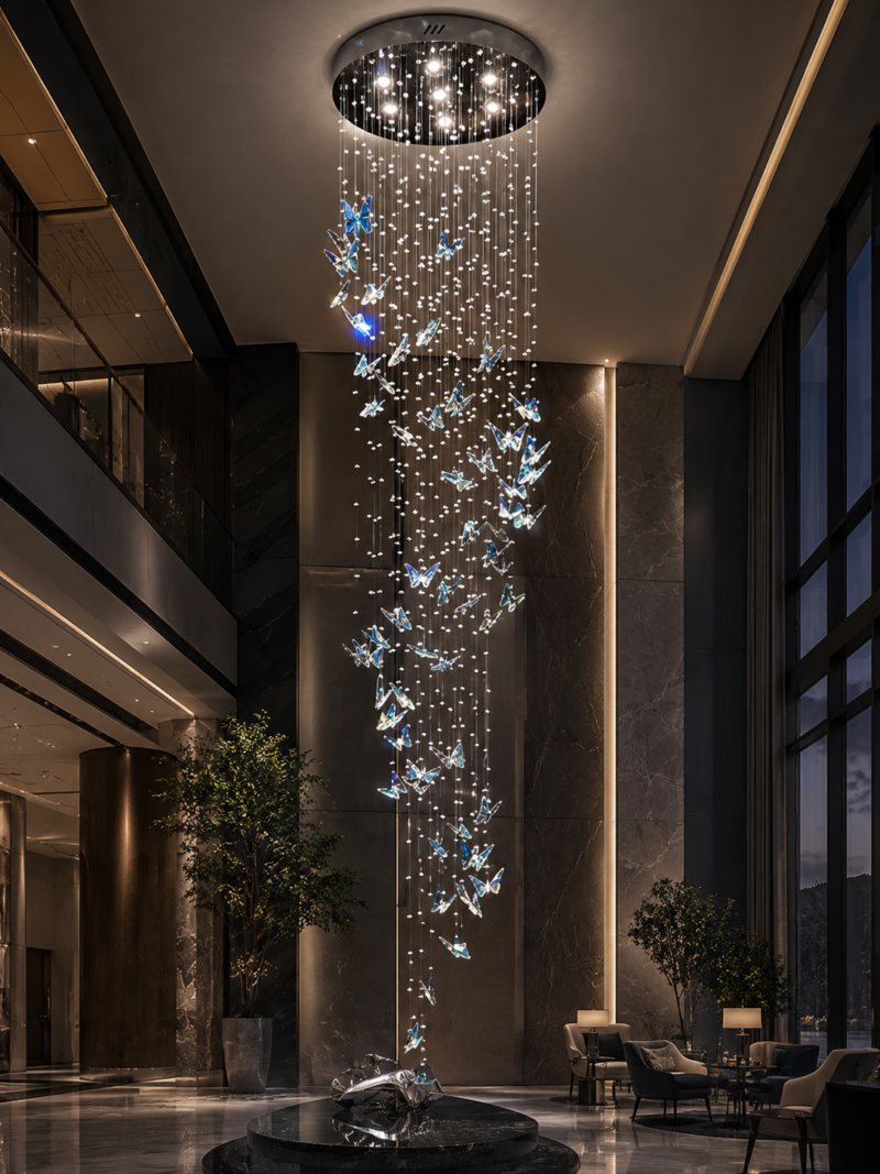 Crystal Butterfly Cascade Chandelier | Luxury Blue Crystal Staircase Lighting Fixture - Image 2