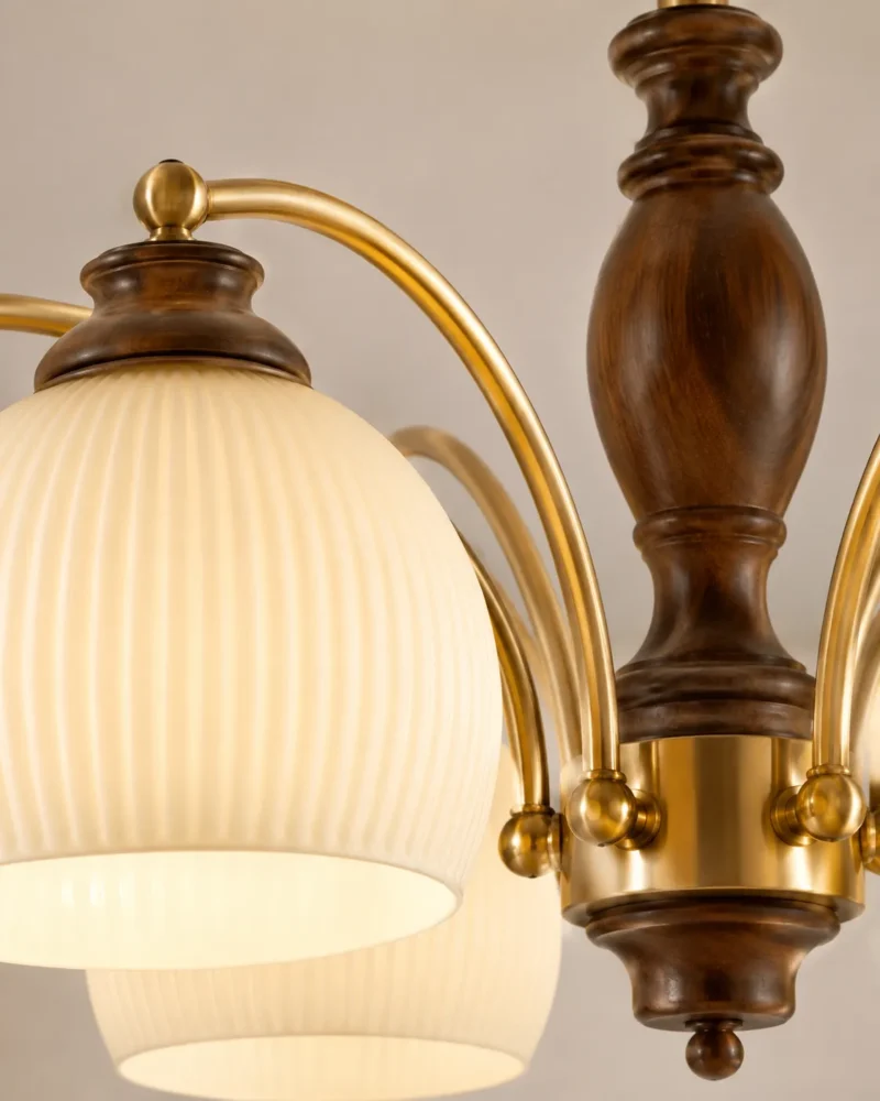 Brass Walnut Wood Ceiling Light | Vintage 6/8 Head Semi Flush Mount Chandelier - Image 3