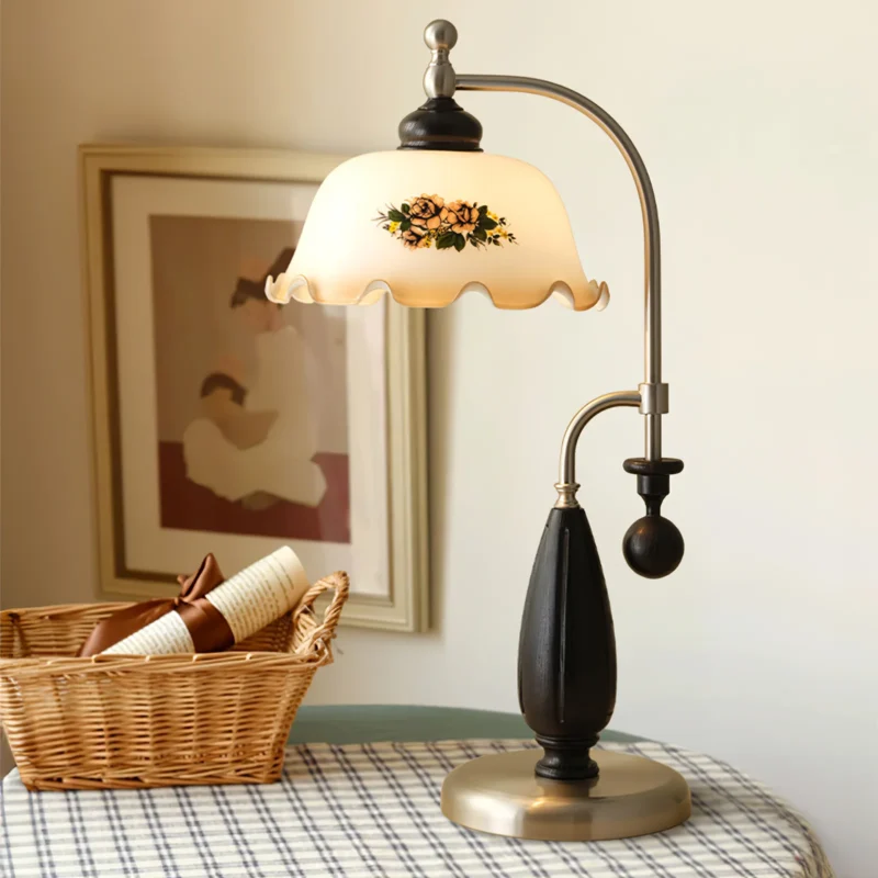 Vintage Floral Brass Table Lamp | Antique European Warm Bedside Lamp - Image 6
