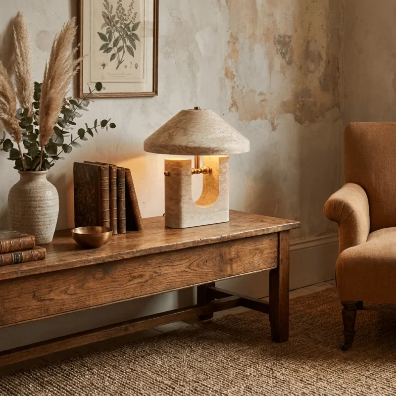 Travertine U-Form Sculptural Table Lamp–Wabi-Sabi Natural Stone LED Series - Image 3