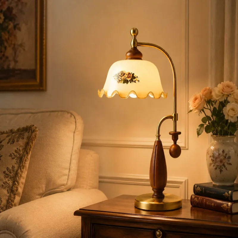 Vintage Floral Brass Table Lamp | Antique European Warm Bedside Lamp - Image 5