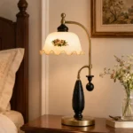 Vintage Floral Brass Table Lamp | Antique European Warm Bedside Lamp - Image 2