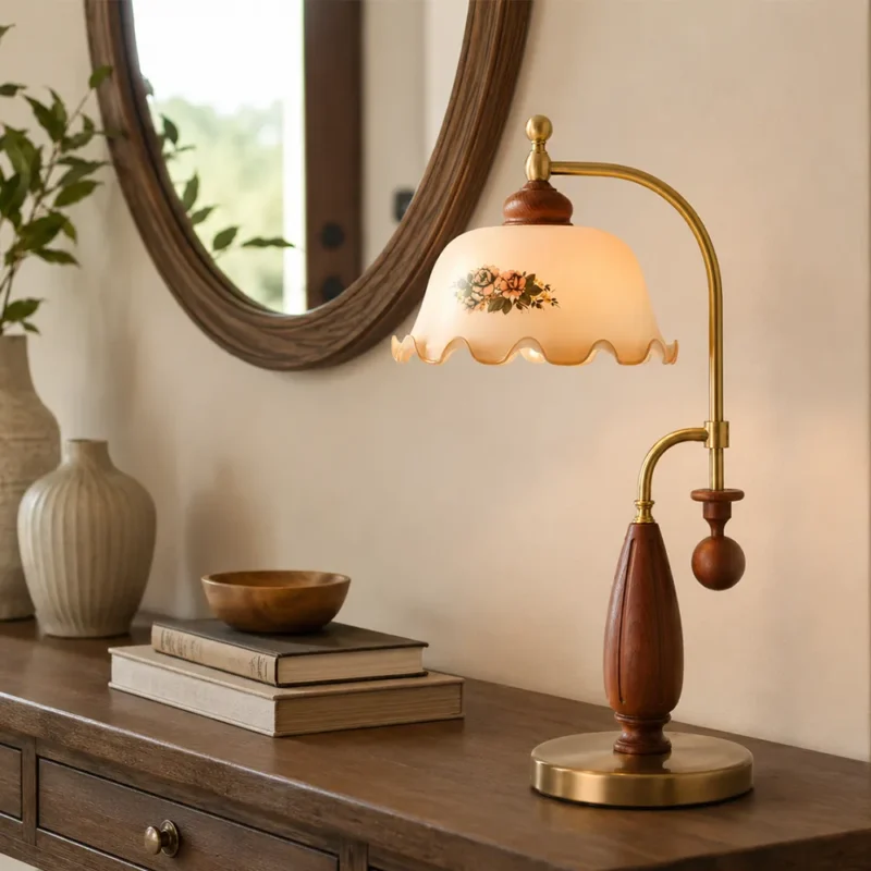 Vintage Floral Brass Table Lamp | Antique European Warm Bedside Lamp - Image 4