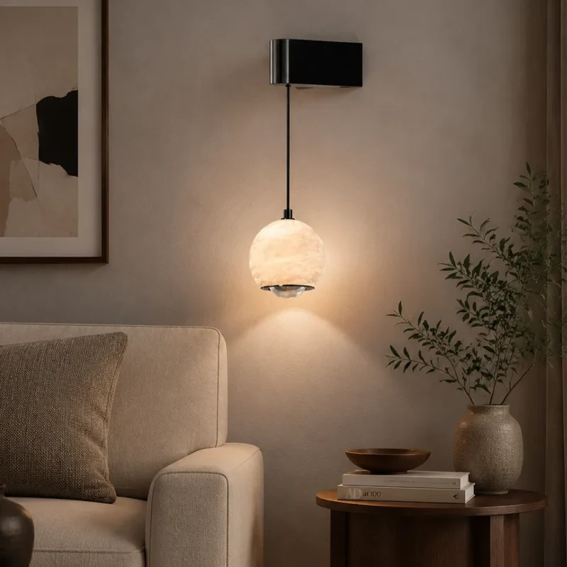 Natural Alabaster Sphere Wall Pendant Light – Modern Minimalist LED Series - Image 3