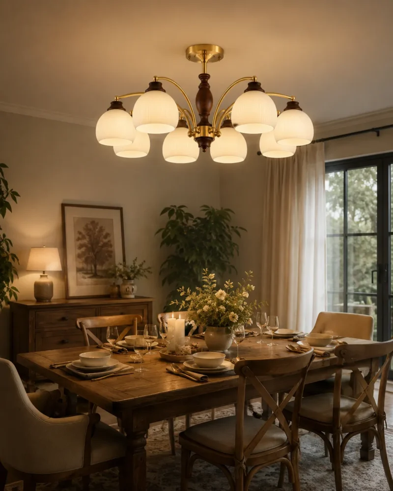 Brass Walnut Wood Ceiling Light | Vintage 6/8 Head Semi Flush Mount Chandelier - Image 2