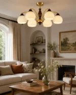 Brass Walnut Wood Ceiling Light | Vintage 6/8 Head Semi Flush Mount Chandelier - Image 5