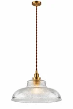Vintage Ribbed Glass Pendant Light | Brass Industrial LED Pendant Lighting Fixture