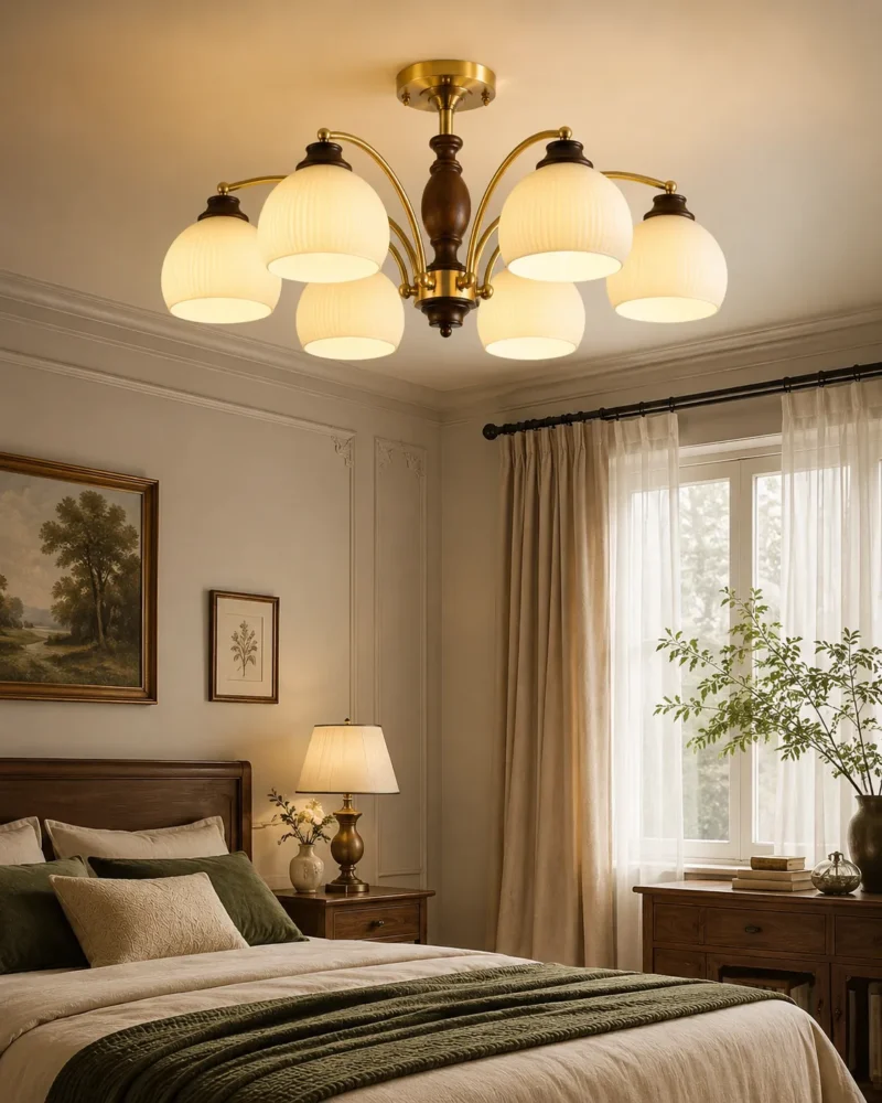 Brass Walnut Wood Ceiling Light | Vintage 6/8 Head Semi Flush Mount Chandelier - Image 4