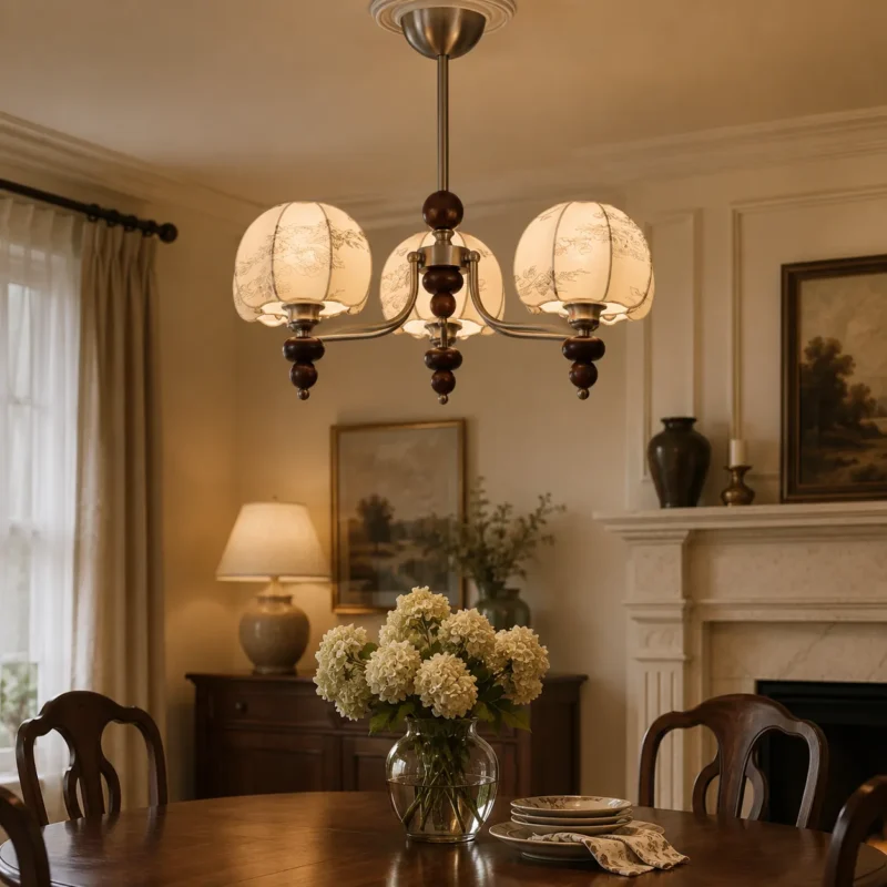 Velvet Petal Vintage Fabric Shade Chandelier with Wood Accents - Image 3