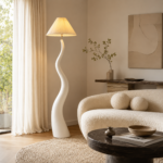 Sculptural Wavy Resin Floor Lamp with Fabric Shade - Image 2