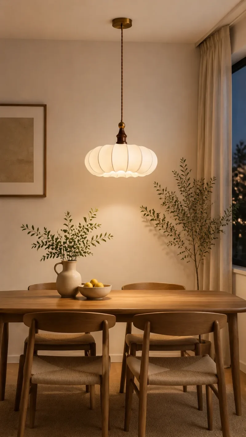 Fabric Pendant Light | Wooden Japanese Minimalist LED Ceiling Lamp - Image 5
