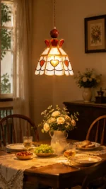 Vintage Stained Glass Pendant Light | Brass Amber Glass Ceiling Lamp - Image 6