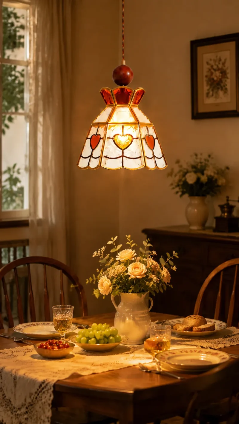 Vintage Stained Glass Pendant Light | Brass Amber Glass Ceiling Lamp - Image 6