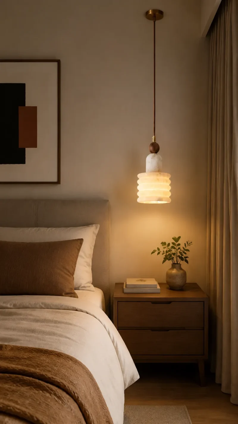 Alabaster Walnut Pendant Light | Modern Minimalist LED Lighting Fixture - Image 6