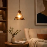 Amber Textured Glass Pendant Light | Wooden Hanging Lamp - Image 5