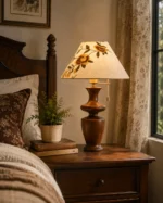 Floral Wooden Table Lamp | Embroidered Fabric Walnut LED Table Lamp - Image 3
