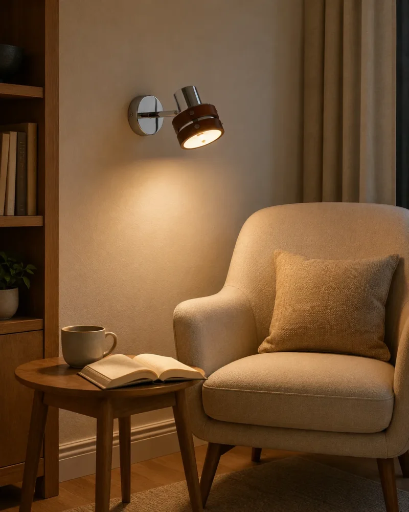 Modern Wood and Chrome Adjustable Wall Light for Bedroom Reading - Image 4