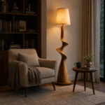Sculptural Wood-Effect Floor Lamp with Fabric Shade - Image 4