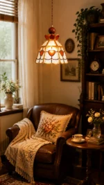 Vintage Stained Glass Pendant Light | Brass Amber Glass Ceiling Lamp - Image 5
