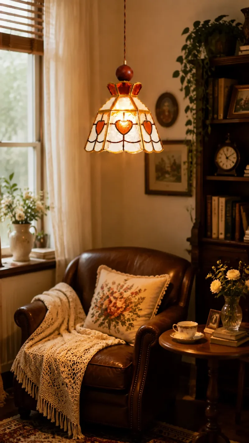 Vintage Stained Glass Pendant Light | Brass Amber Glass Ceiling Lamp - Image 5