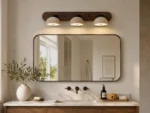 Adjustable Travertine Dome LED Vanity Light with Walnut Wood Backplate - Image 4