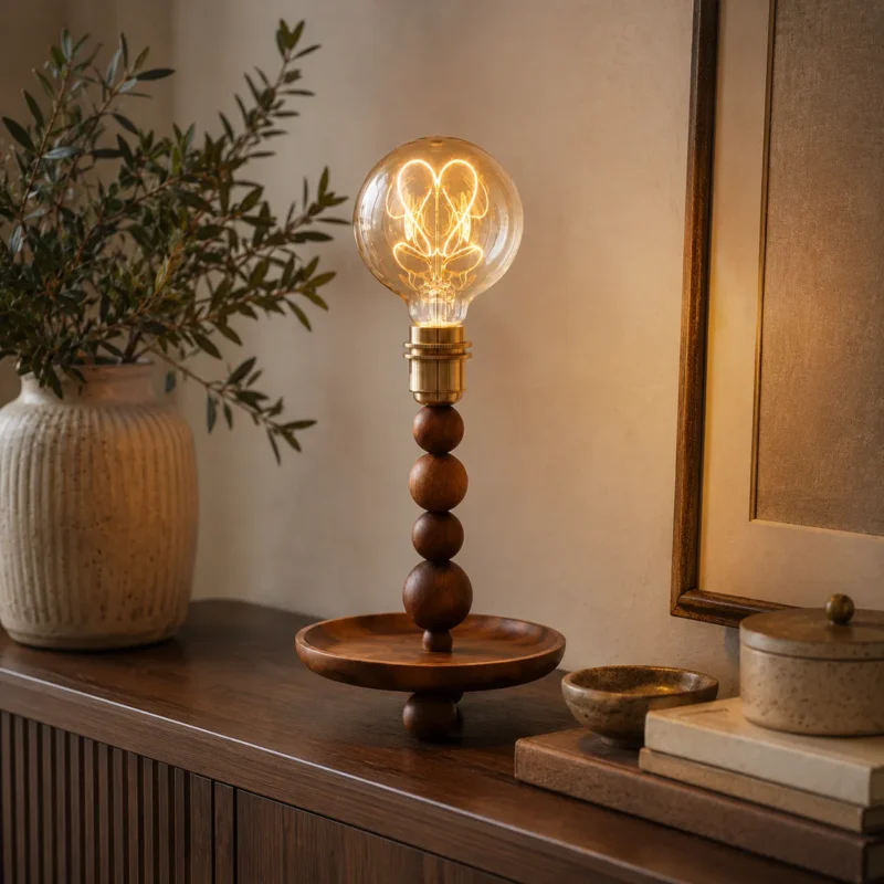 Walnut Wood Bead Table Lamp | Vintage Glass LED Bedside Lighting Fixture - Image 3