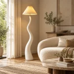 Sculptural Wavy Resin Floor Lamp with Fabric Shade - Image 3