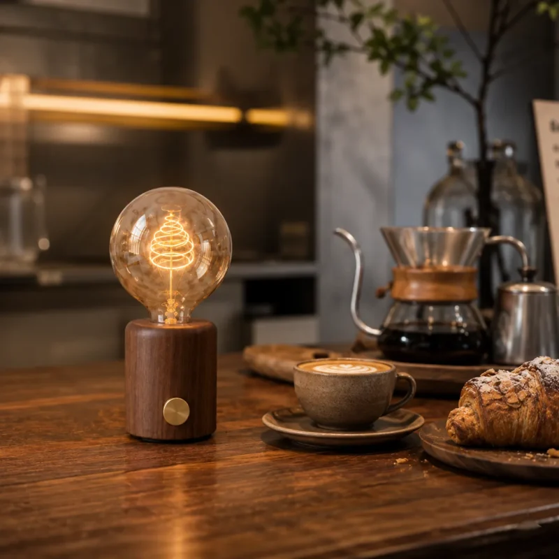 Walnut Wood Table Lamp | Amber Glow Glass LED Bedside Lighting Fixture - Image 3