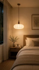 Fabric Pendant Light | Wooden Japanese Minimalist LED Ceiling Lamp - Image 4